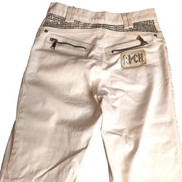 John Richmond RICH Rhinestone Studded Wide Leg White Denim Jeans Sz 42 - Picture 5 of 16